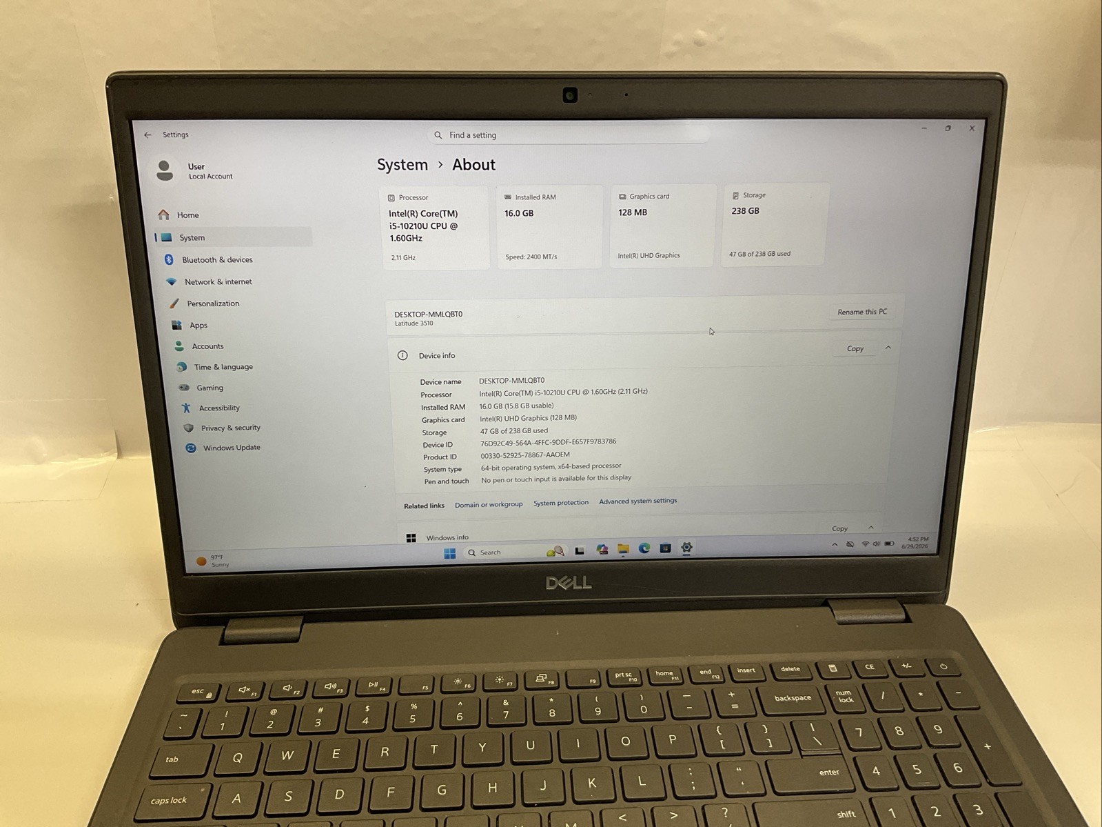 Dell Latitude 3510/ 15.6-inch/ i5-10th Gen/ 16GB RAM/ 256GB SSD/FHD/W11/AC/127F