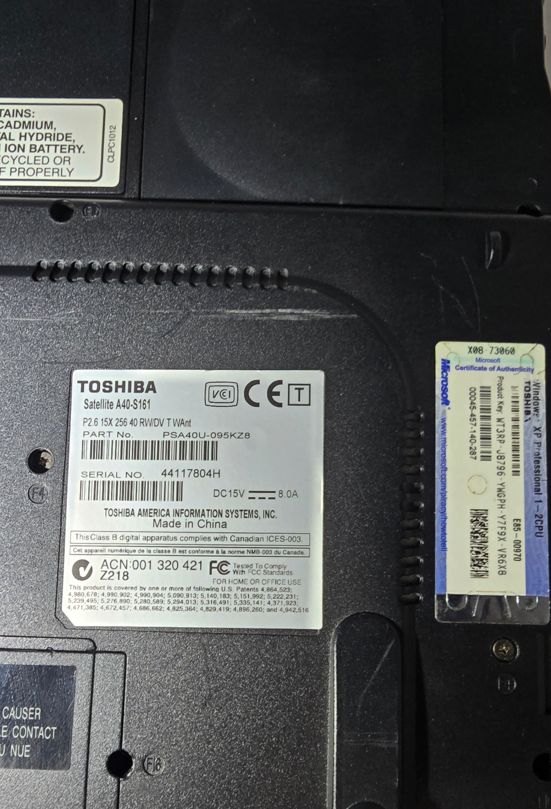 Toshiba Satellite A40-S161 Laptop Pentium 4 2.66 GHz Windows XP Pro
