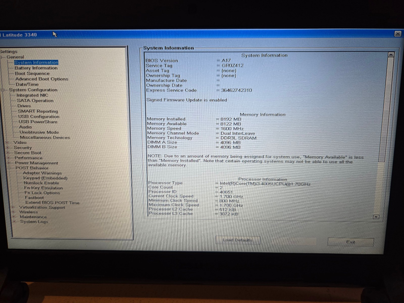 Dell Latitude 3340 Core i3 4005U 1.7GHz 8GB RAM 13″ Boot to Bios No Batt,HDD,PS
