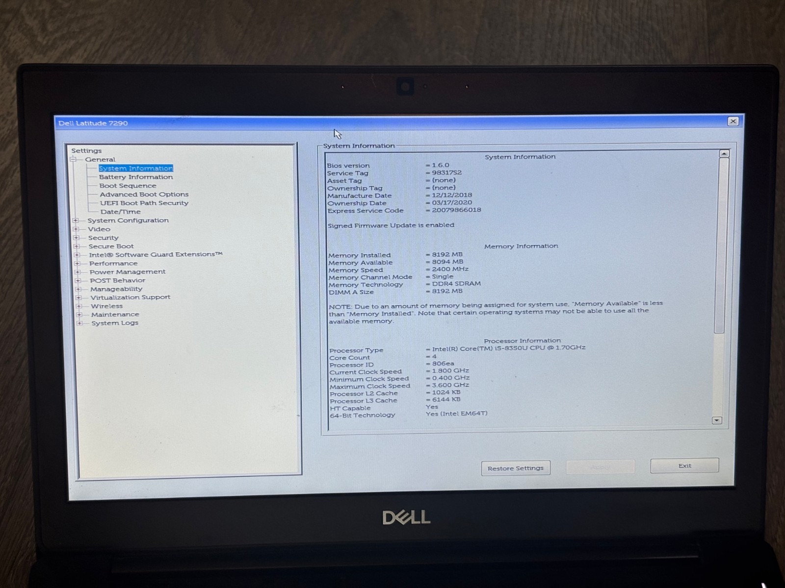 DELL LATITUDE 7290 INTEL CORE I5-8350U 1.7GHZ 8GB RAM NO HD