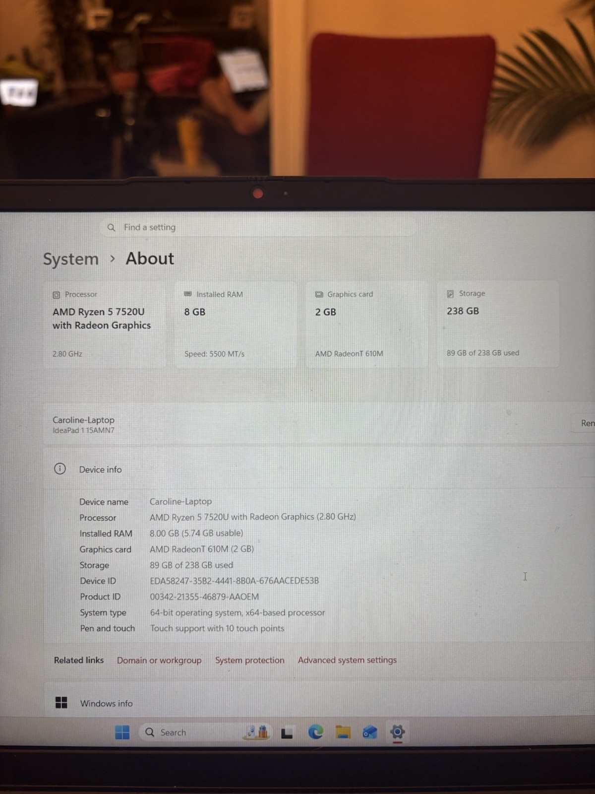 Lenovo IdeaPad 1 15AMN7 15.6″ Ryzen 5 7520U 8GB 238GB Touch Win11 Blue
