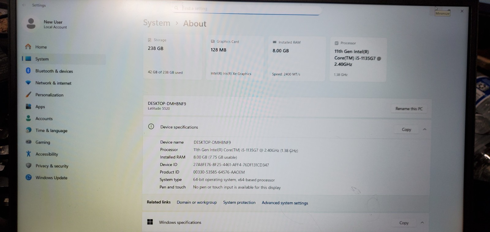 Dell Latitude 5520 Laptop Intel Core i5-11th Gen 8GB RAM 256GB SSD W11P UHD 15″
