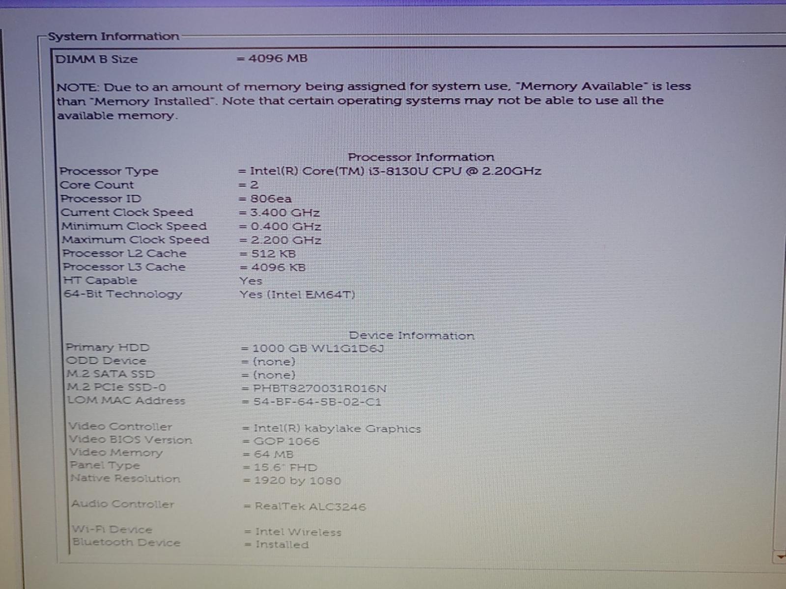 Dell Inspiron 5570 15.6″ Intel i3-8130U 4GB RAM 1TB HDD **NO OS/NO AC**