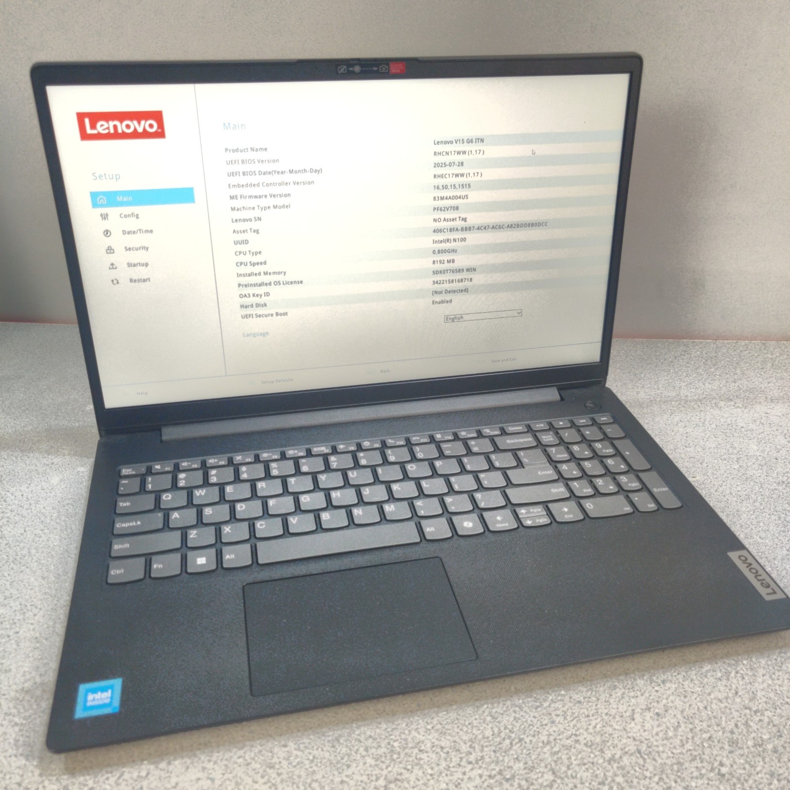 Lenovo V15 G6 ITN, 15″ FHD, N100, 8GB RAM NO SSD/OS/AC ADAPTER – USED