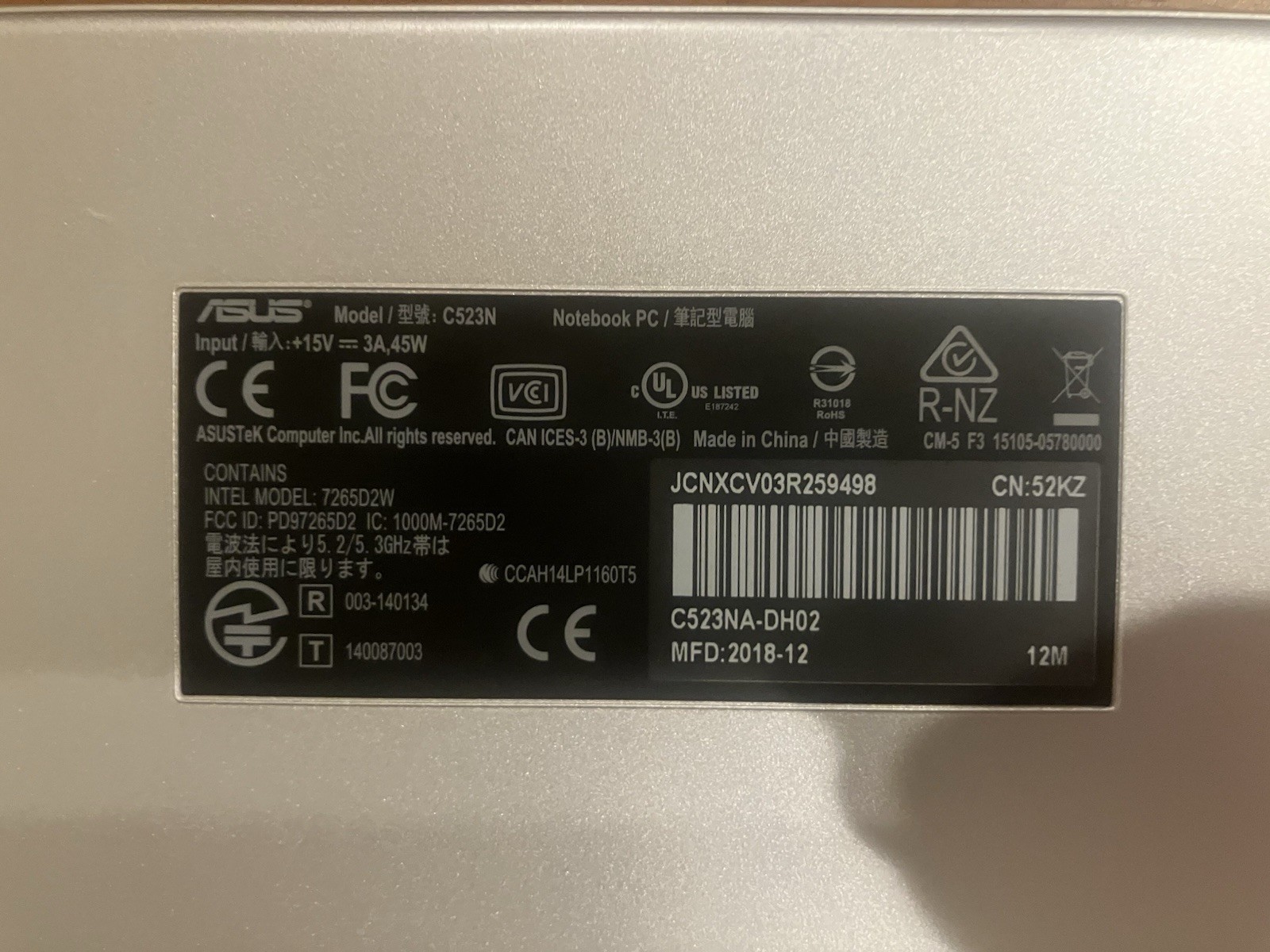 ASUS 15.6 Chromebook C523 W/ Power Cable. Late-2018 Fully Functional