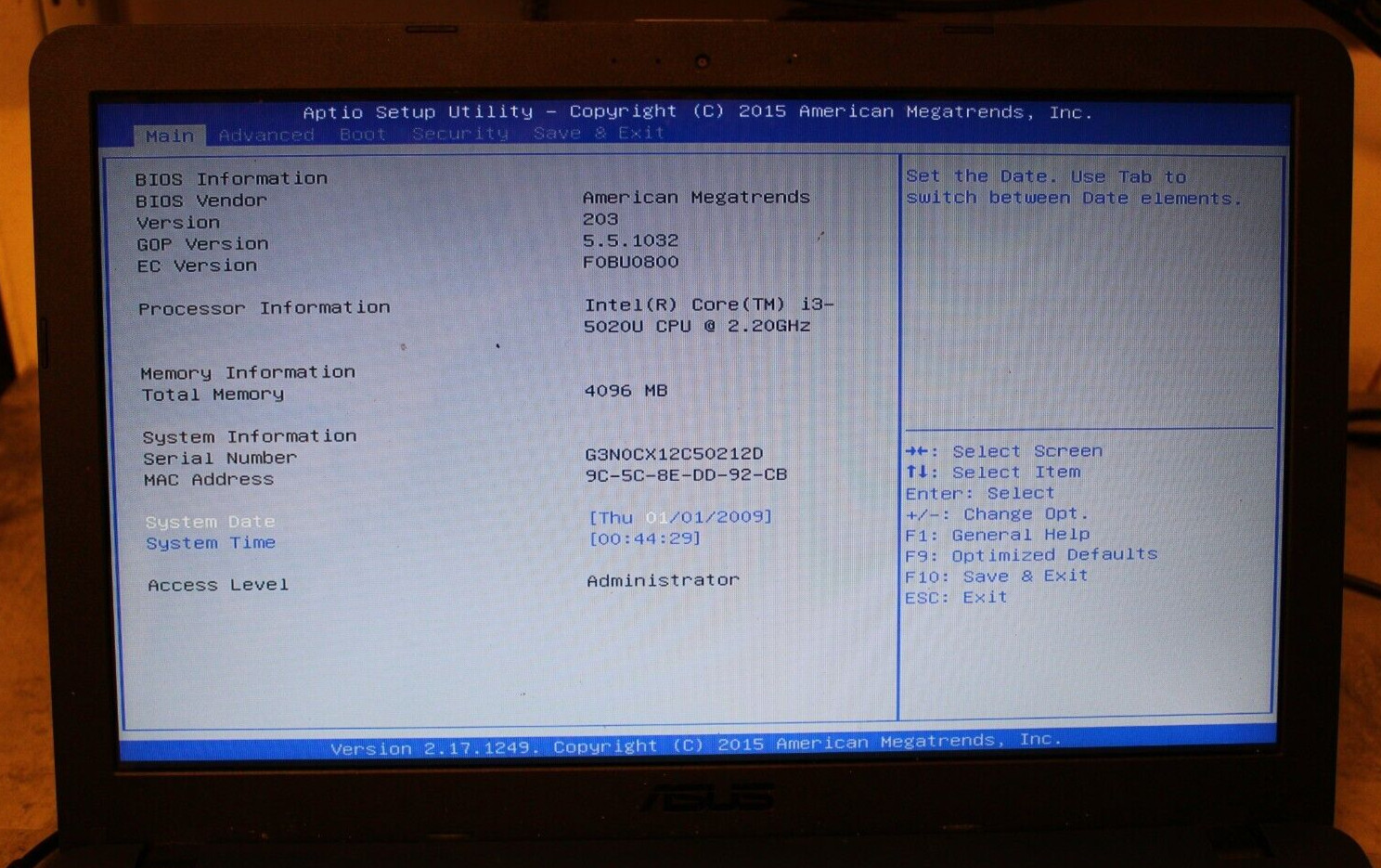 Asus Notebook X540L For Parts Bios No HDD 4GB Ram i3-5020U@2.20GHz CPU
