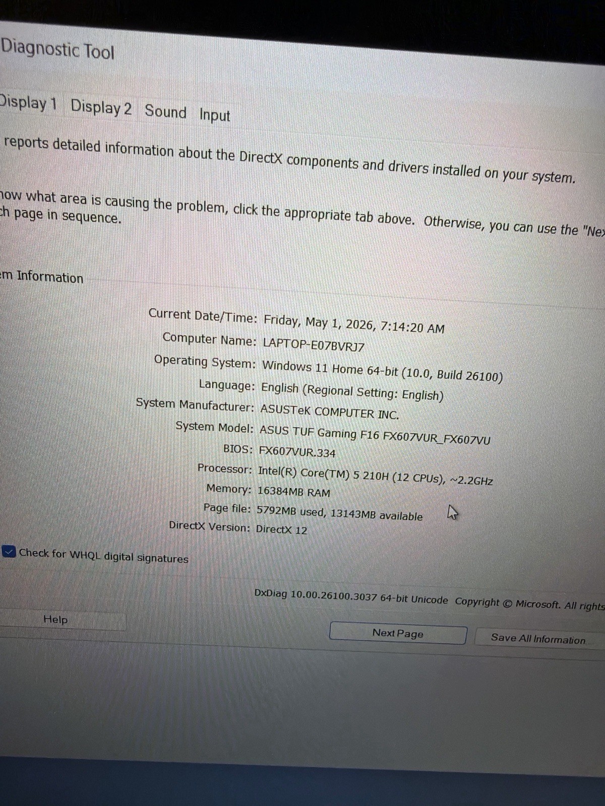 ASUS TUF F16 Gaming Laptop RTX 4050 16GB RAM 512GB SSD Intel i5 15.6