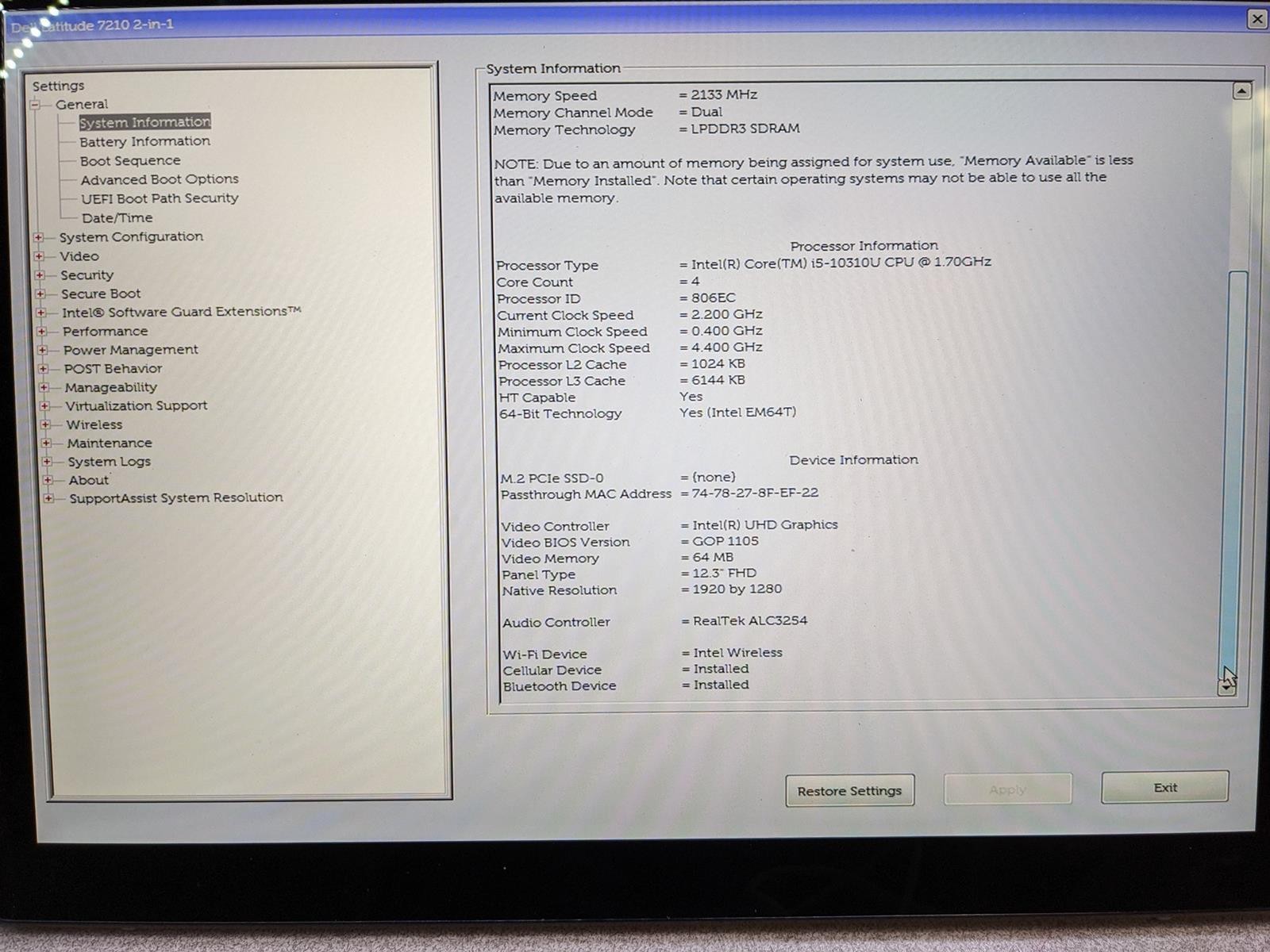 DELL LATITUDE 7210 2-IN-1 i5-10310U @ 1.70GHz, 8GB RAM, NO HDD/OS