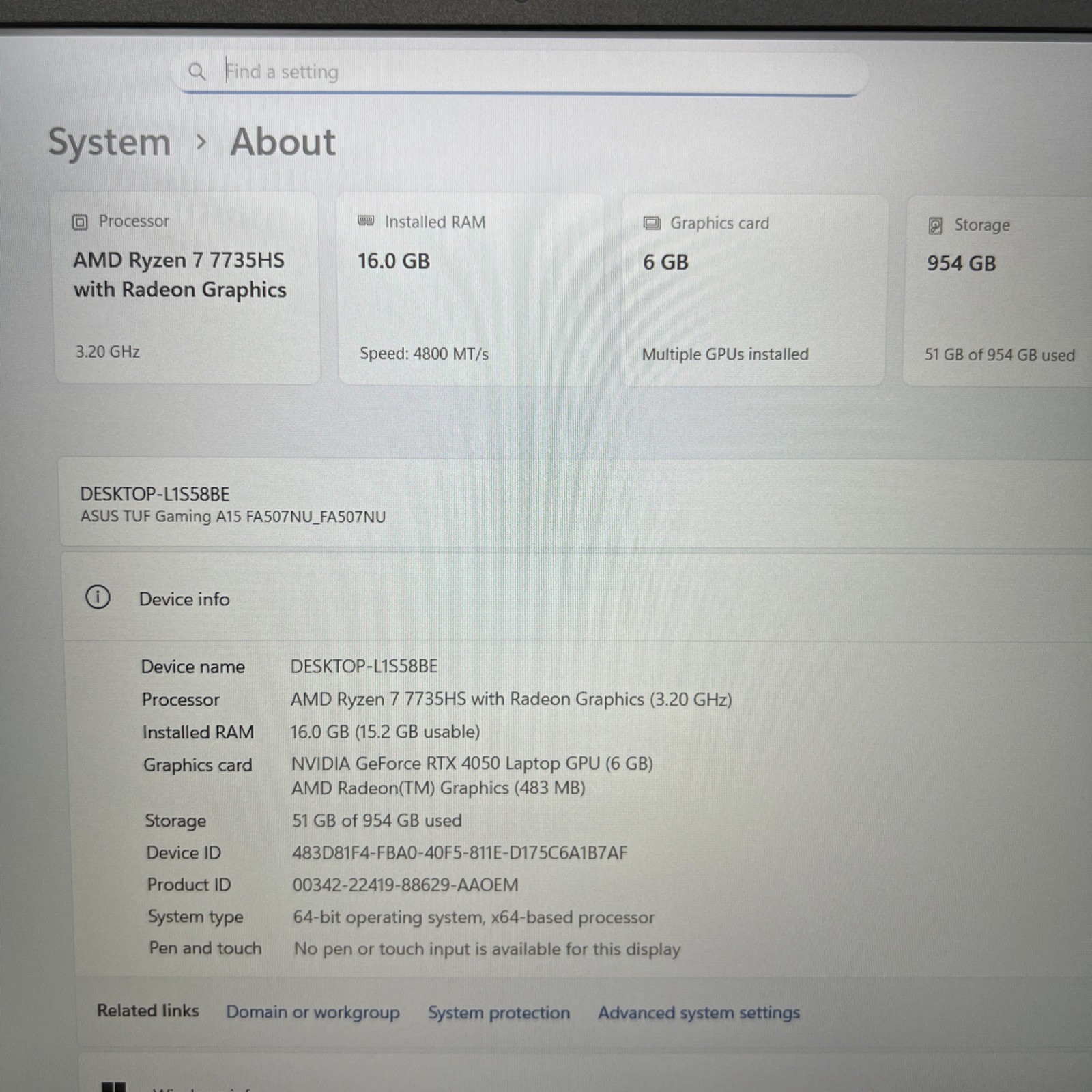 Asus TUF A15 FA507NU 15.6″ Ryzen 7 7735HS 16GB RAM 1TB SSD GeForce RTX 4050