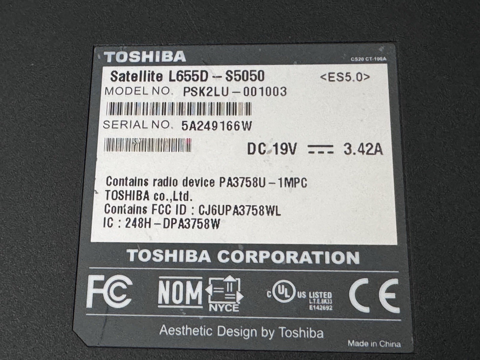 TOSHIBA SATELLITE L655D-S5050 PSK2LU-001003 LAPTOP FOR PARTS