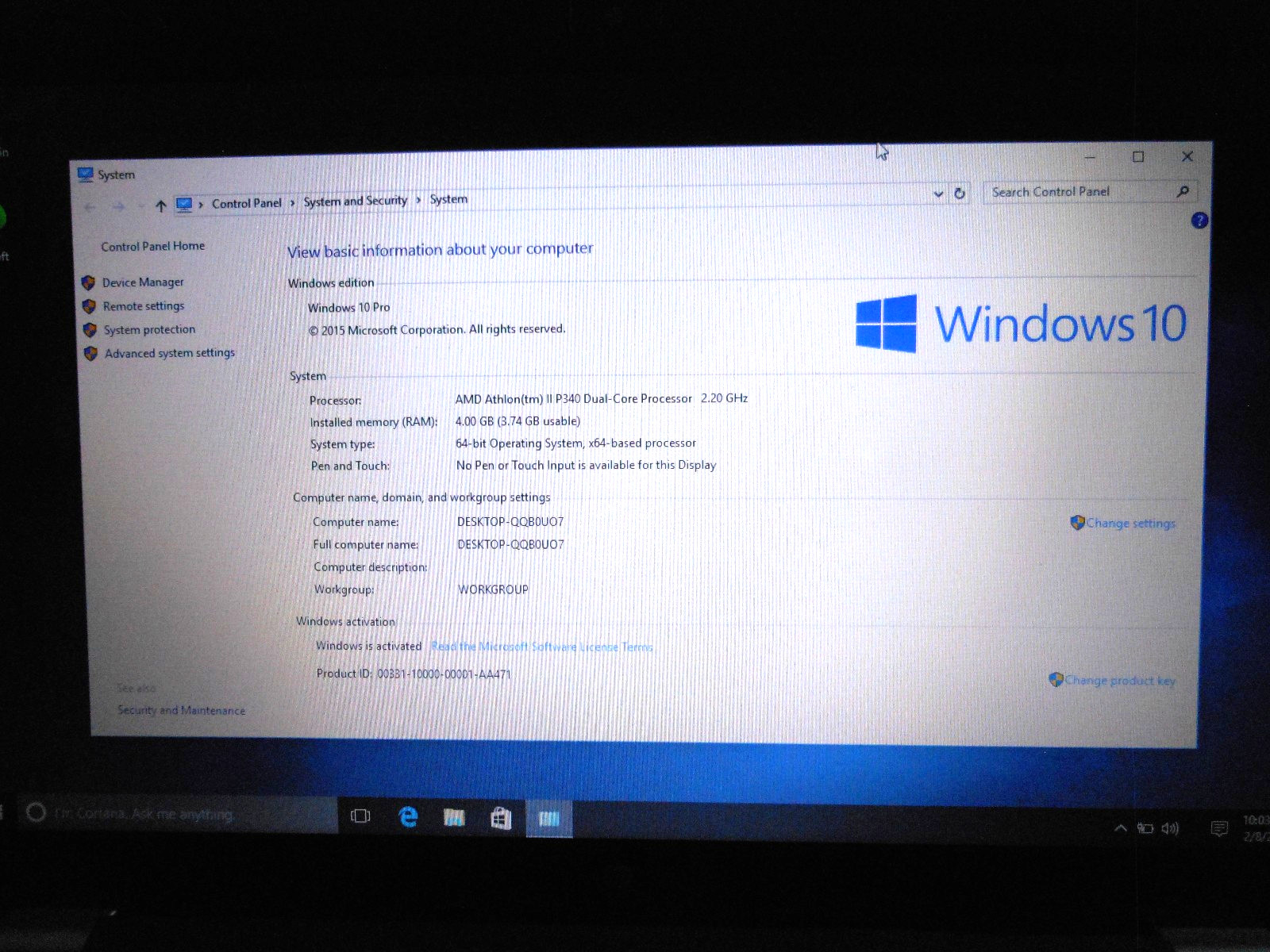 HP G62 AMD Athlon II P340Dual-core 2.20MHz 4GB 120GB SDD WINDOWS 10 PRO”