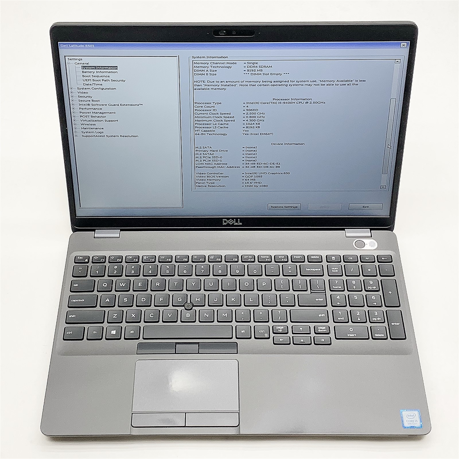 Dell Latitude 5501 Laptop Intel Core i5 9400H 2.50GHZ 15.6″ FHD 8GB RAM NO HDD
