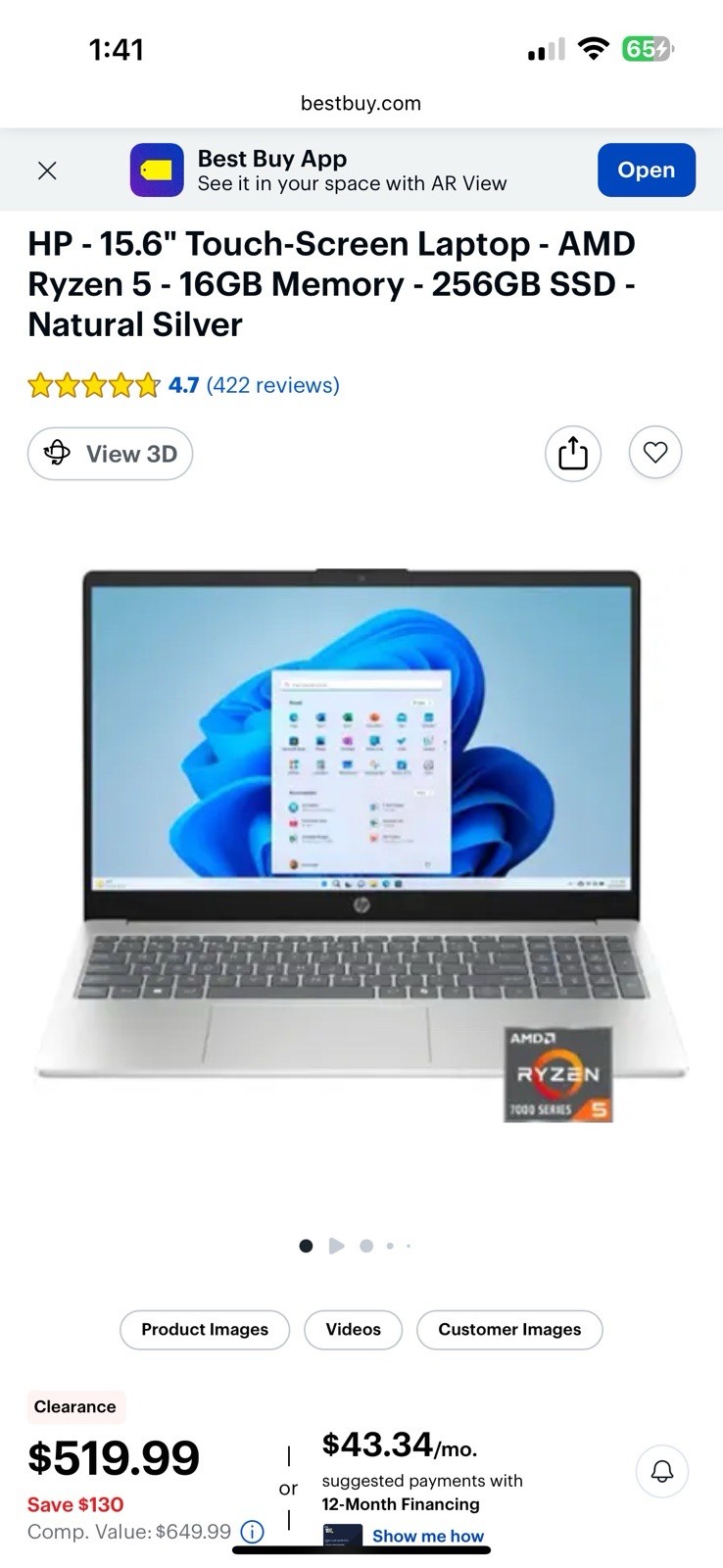 HP 15-FC0245DX Laptop 15.6″ Ryzen 5 7520U 2.8GHz, 16GB RAM, 256GB HDD