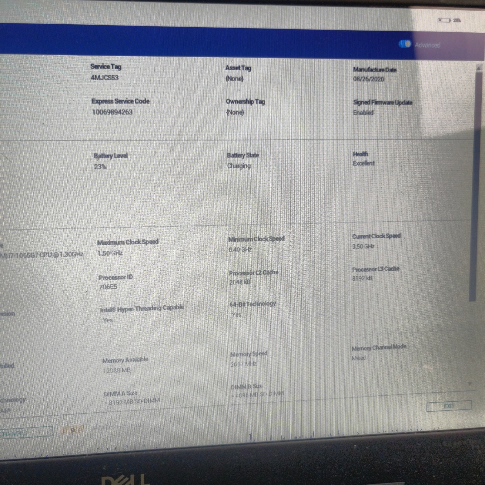 Dell Inspiron 3593 15.6″ i7-1065G7 12GB DDR4 NO SSD/OS/AC FOR PARTS BAD LCD