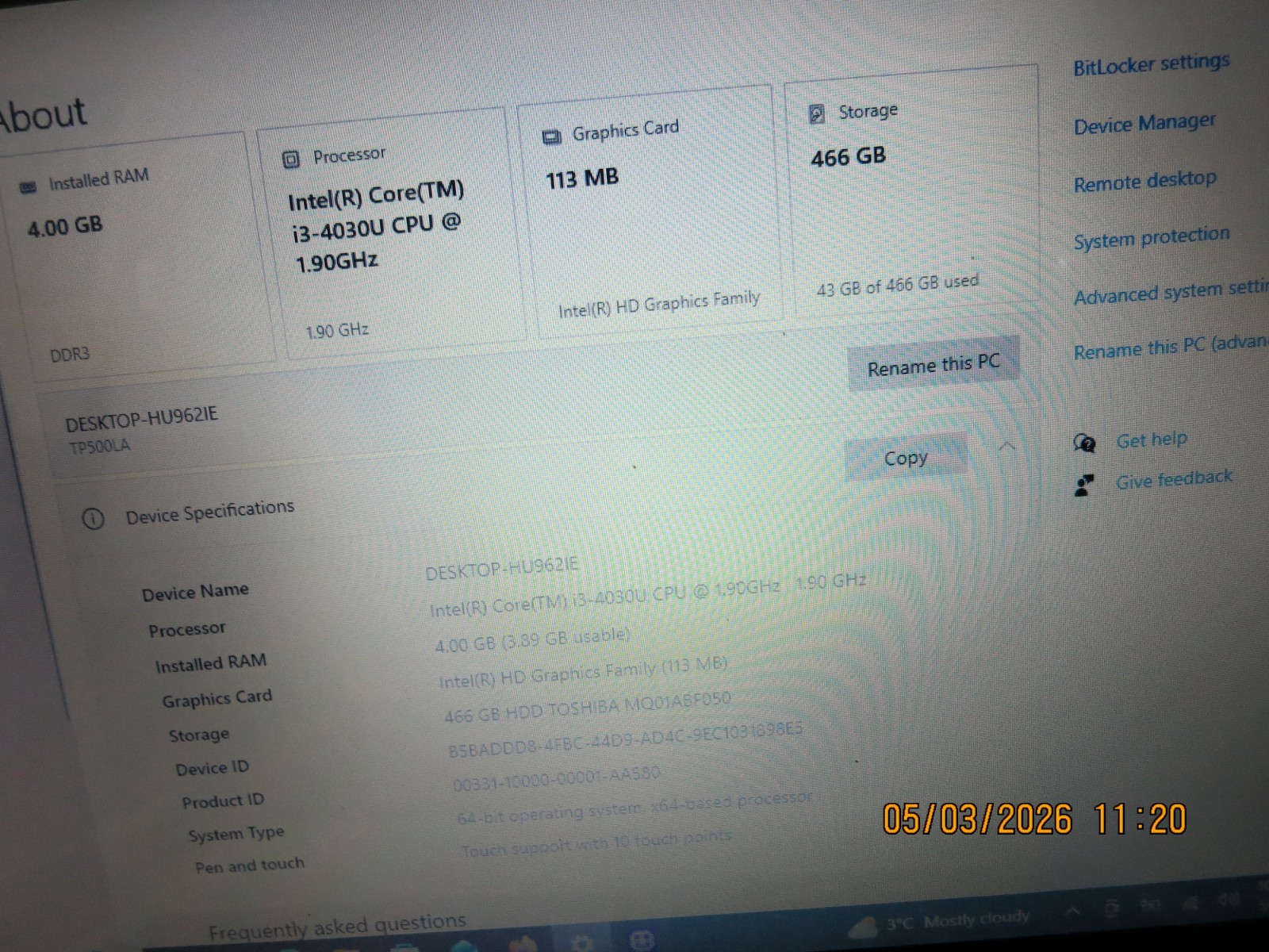 ASUS TP500L i3-4030U @1.90 GHz 4GB RAM, 500GB HD 15.6″ 2 IN 1 Touch WIN 10Pro