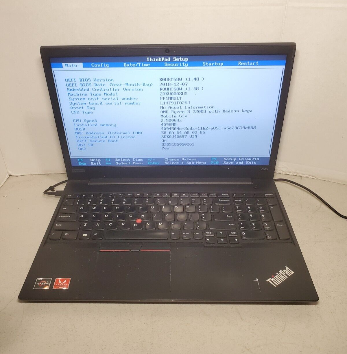 Lenovo ThinkPad E585 15.6″ Ryzen 3 2200U 4GB RAM No HDD/SSD/OS! FAN ERROR! #69