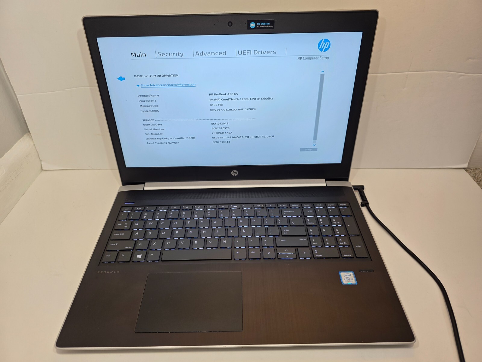HP ProBook 450 G5 15.6″ / i5-8250U 1.60GHz / 8GB RAM DDR4 / NO SSD / NO CHARGER
