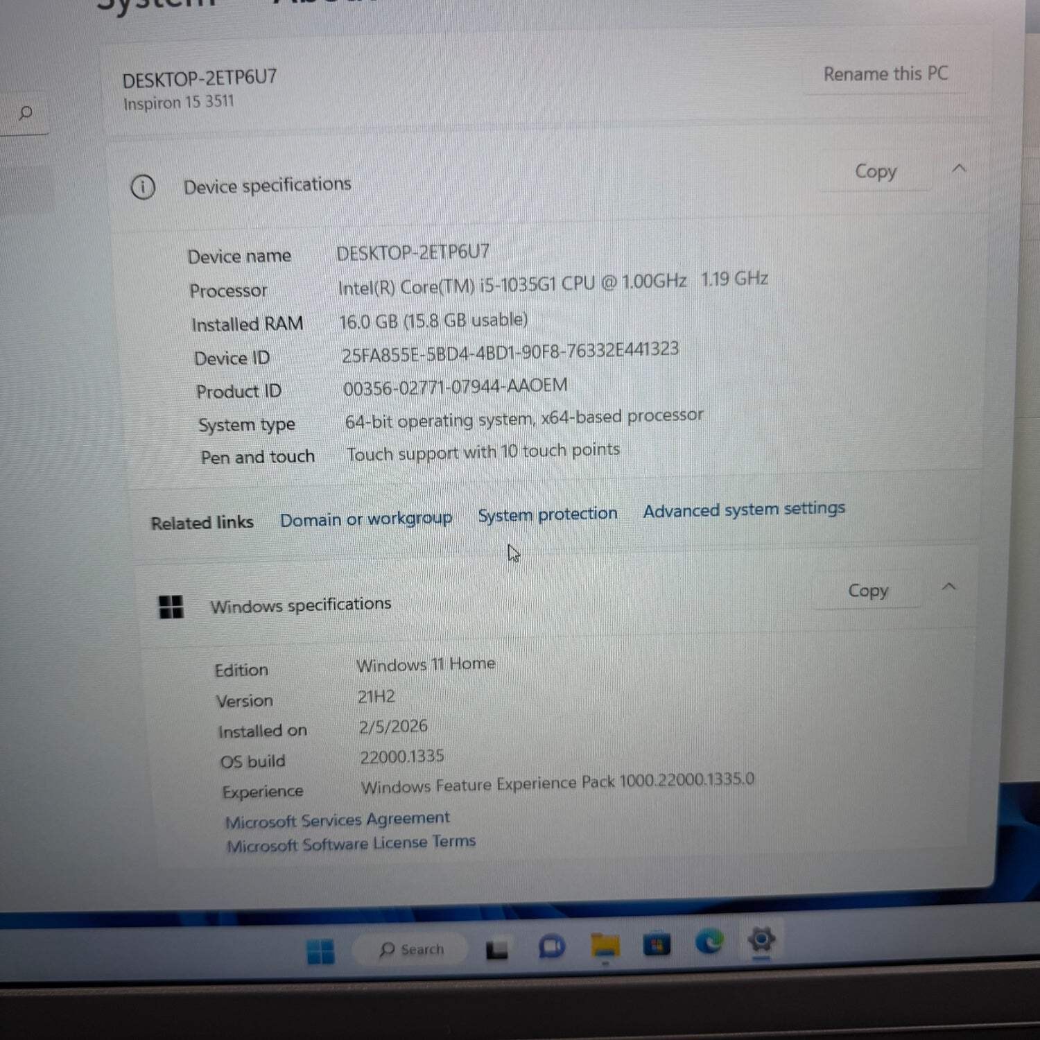 Dell Inspiron 3511 15.6″ i5-1035G1 1.2GHz 16GB RAM 500GB SSD