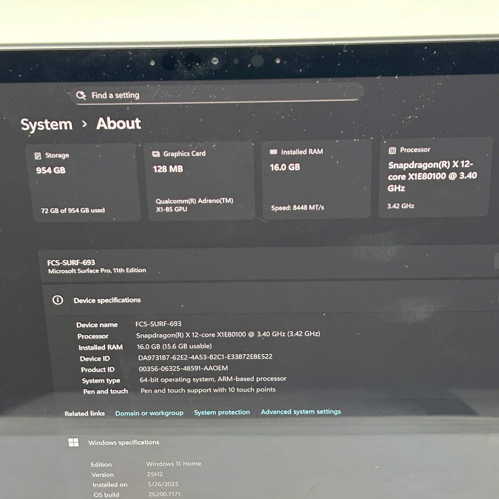 Microsoft Surface Pro 11 2076 13″ Snapdragon X Elite 3.4GHz 16GB RAM 1TB SSD