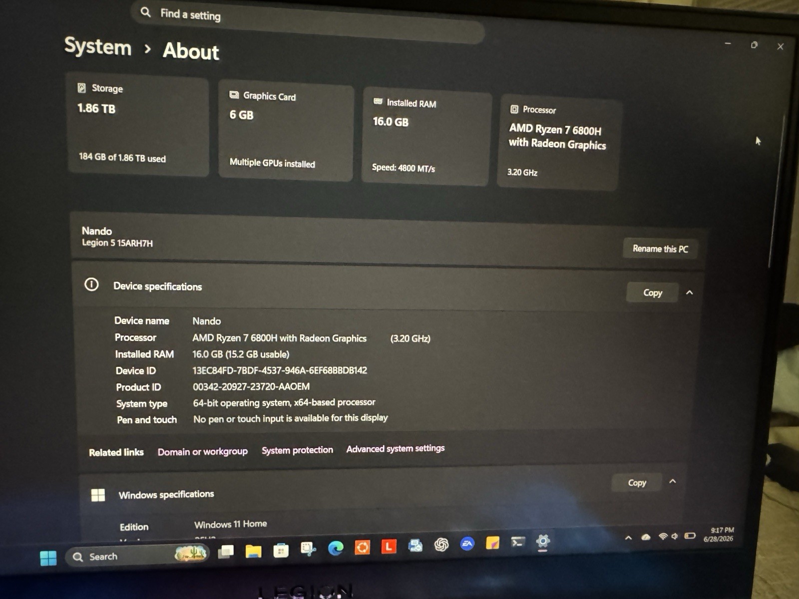 Lenovo Legion 5 15ARH7H 15.6” Ryzen 7 6800H 16GB 2TB SSD Gaming Laptop READ