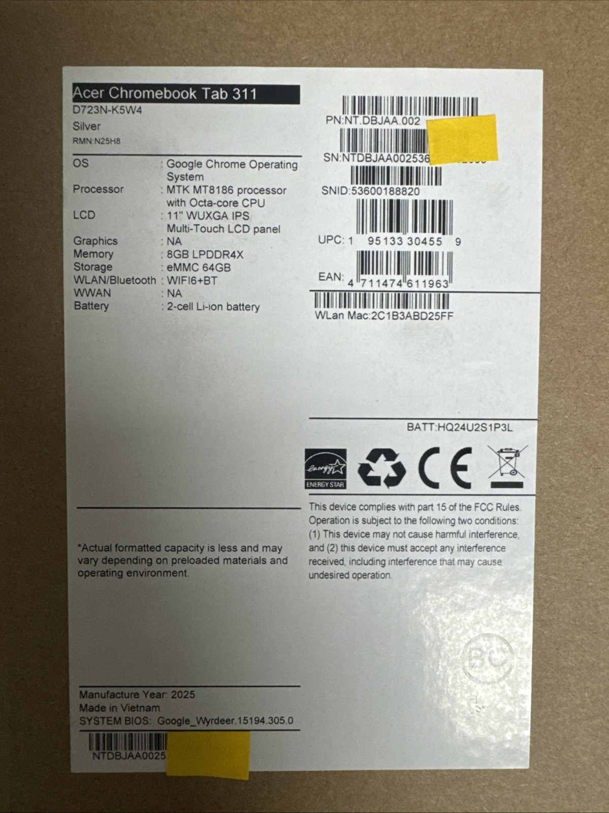 Acer D723N-K5W4 NT.DBJAA.002 Chromebook Tab 311 D723N Tablet – 11″ WUXGA-NEW