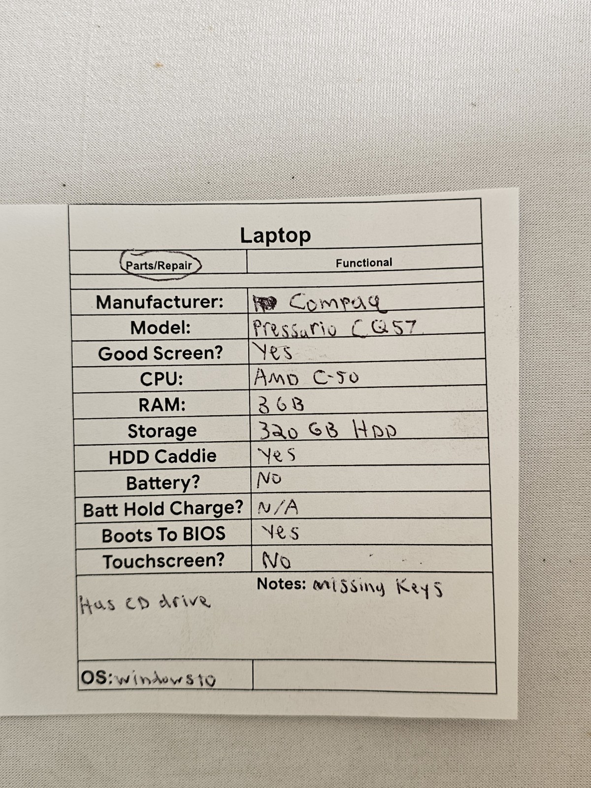 Compaq Pressario CQ57 Laptop – AMD C-50 – 3GB RAM – NO BATTERY – Win 10 – Read