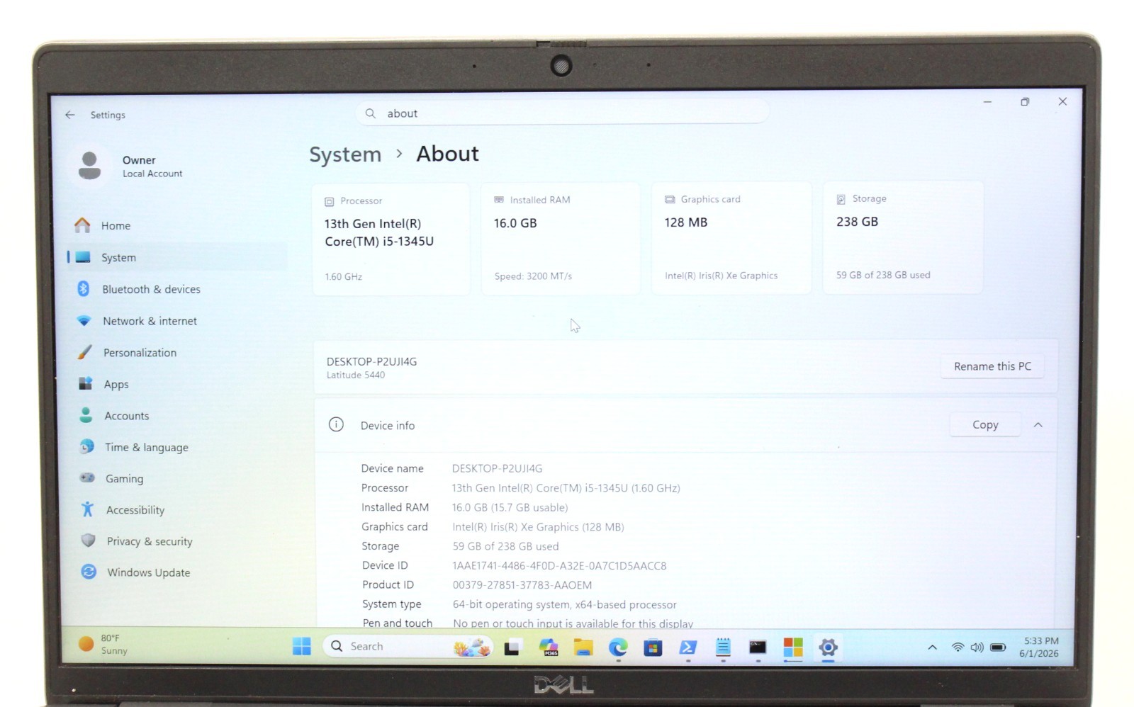 DELL LATITUDE 5440 14″ 1.6GHz i5-1345U 256GB SSD 16GB RAM Win 11 Pro ; 6181976