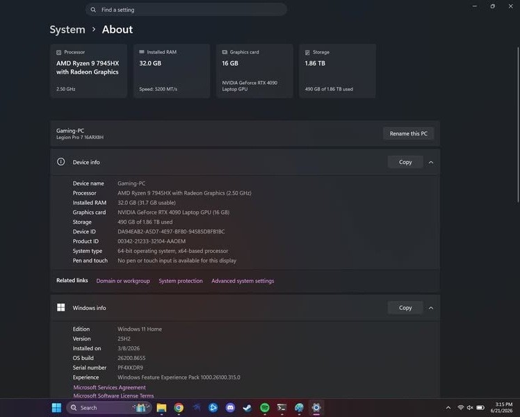Lenovo Legion Pro 7 16ARX8H 16 WQXGA AMD Ryzen 9 7945HX 32GB 2TB RTX 4090