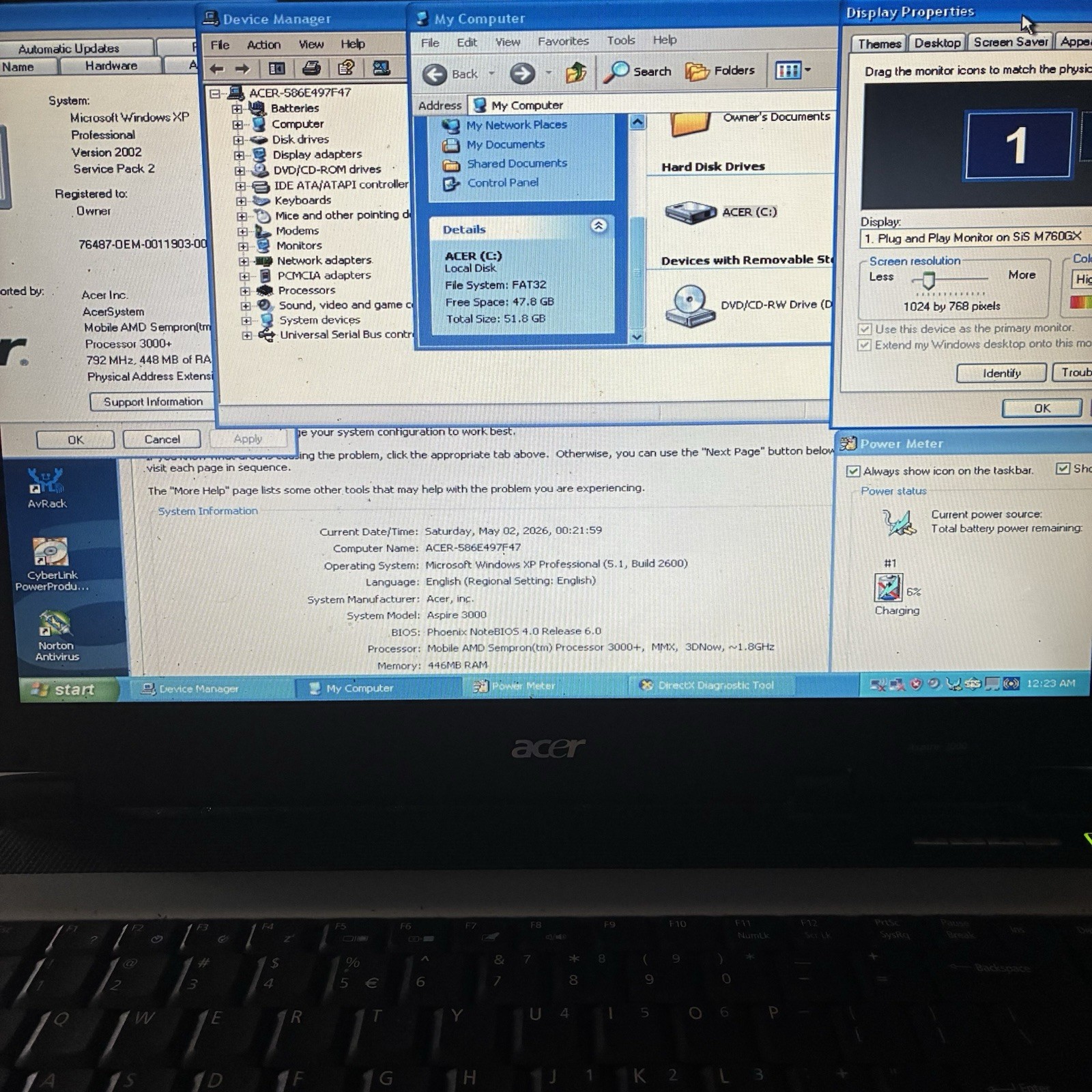 Acer Aspire 3003WLCi Laptop AMD Sempron 15.4” Win XP 60GB Working Batt Restored