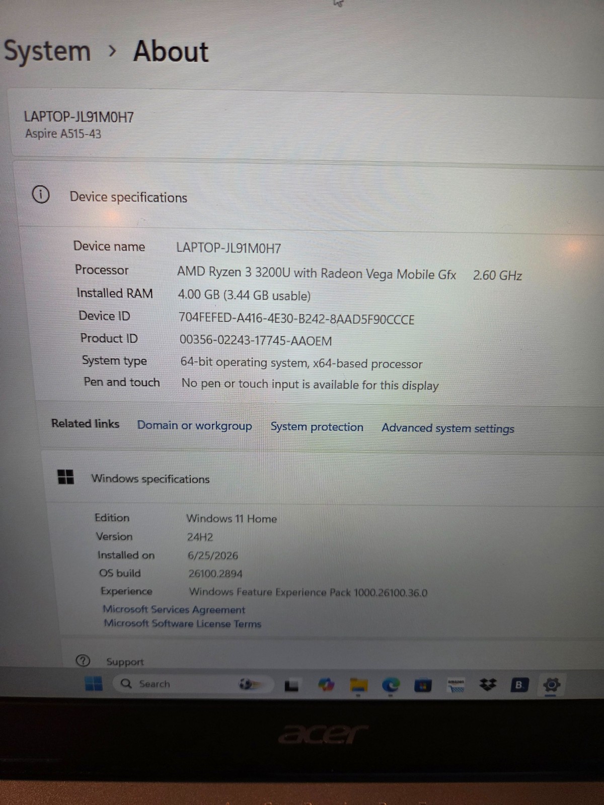 Acer Aspire 5 A515-43-15.6″FHD AMD Ryzen 3 3200U 2.6GHz 4GB RAM