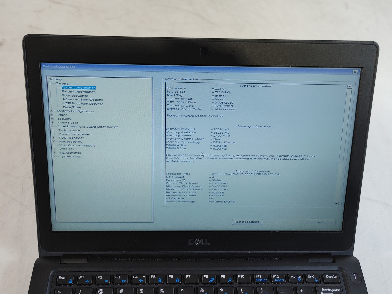 Dell Latitude 5290 Core i5-8350U 1.70 GHz 16 GB DDR4 No HDD