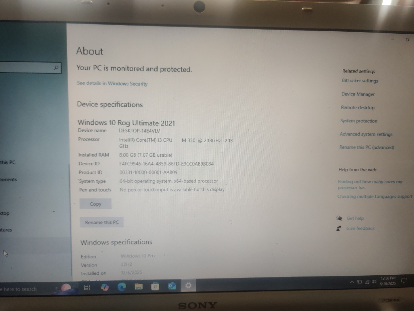 Sony VAIO Laptop Working PCG-71312L Intel Core i3 380m 8GB RAM Windows 10 64-bit