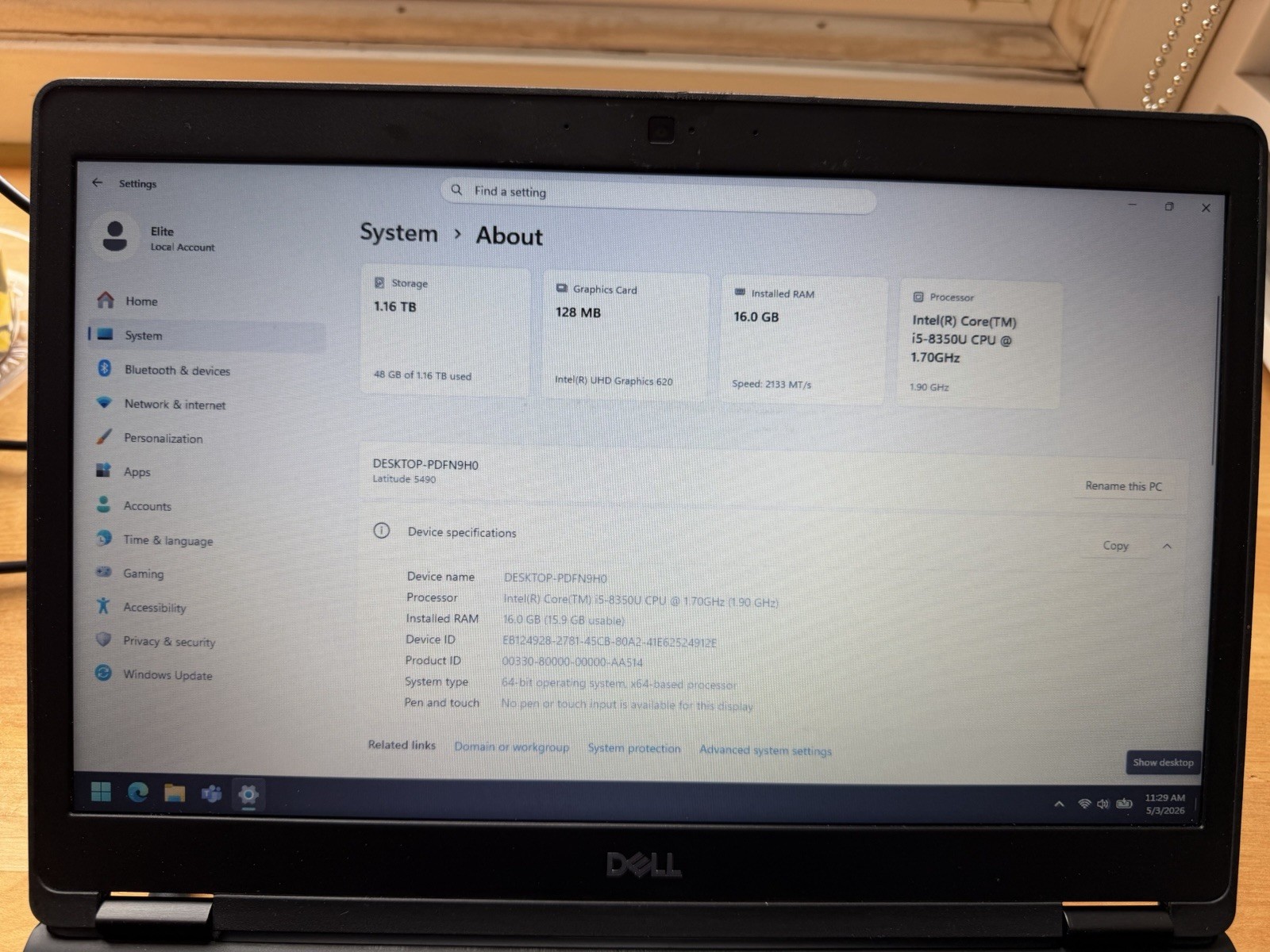 Dell Latitude 5490 14″ Intel i5-8350U, 16GB ram, 256GB NVMe, 1TB ssd, 1366×768