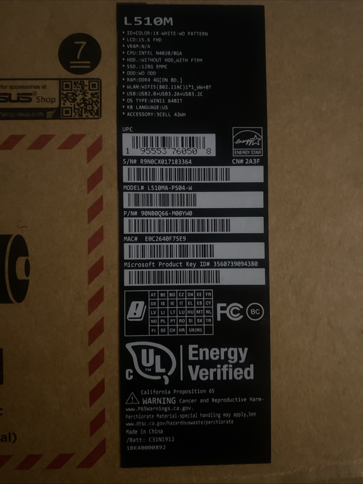 ASUS L510M Laptop. Model: L510MA-PS04-W 15.6 Inch HD Intel Celeron N4020 4GB
