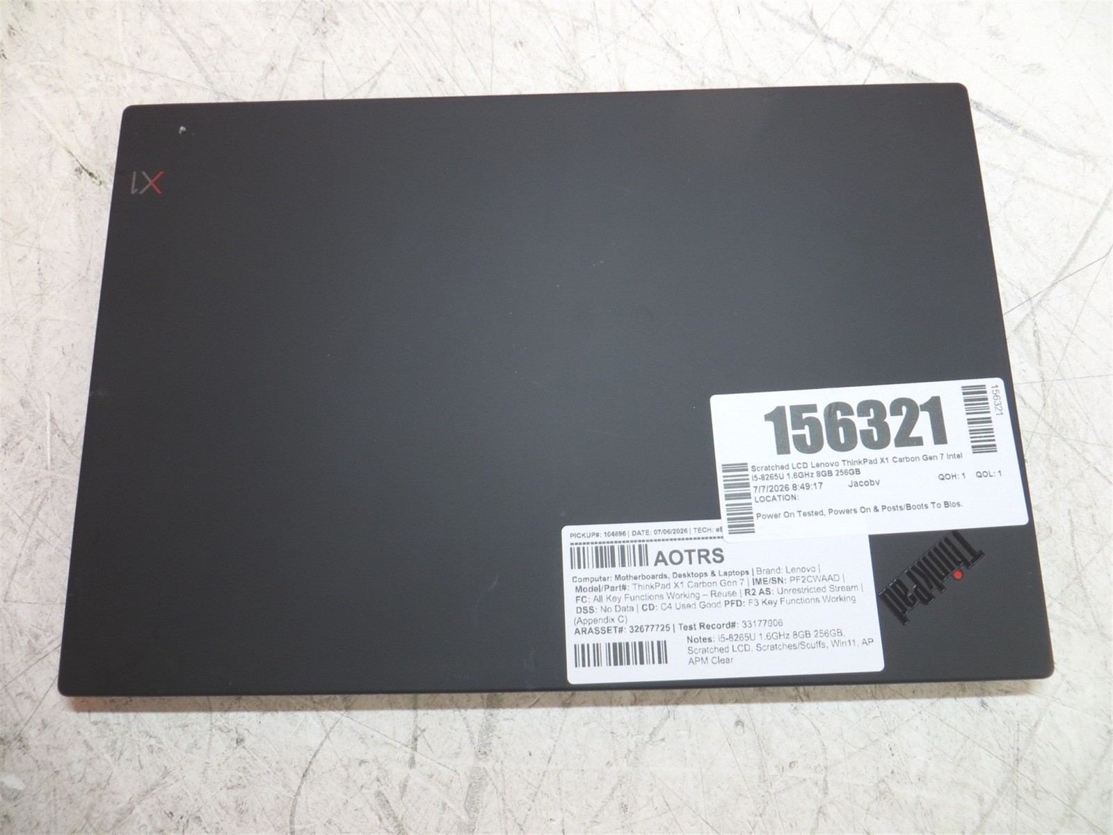 Scratched LCD Lenovo ThinkPad X1 Carbon Gen 7 Intel i5-8265U 1.6GHz 8GB 256GB