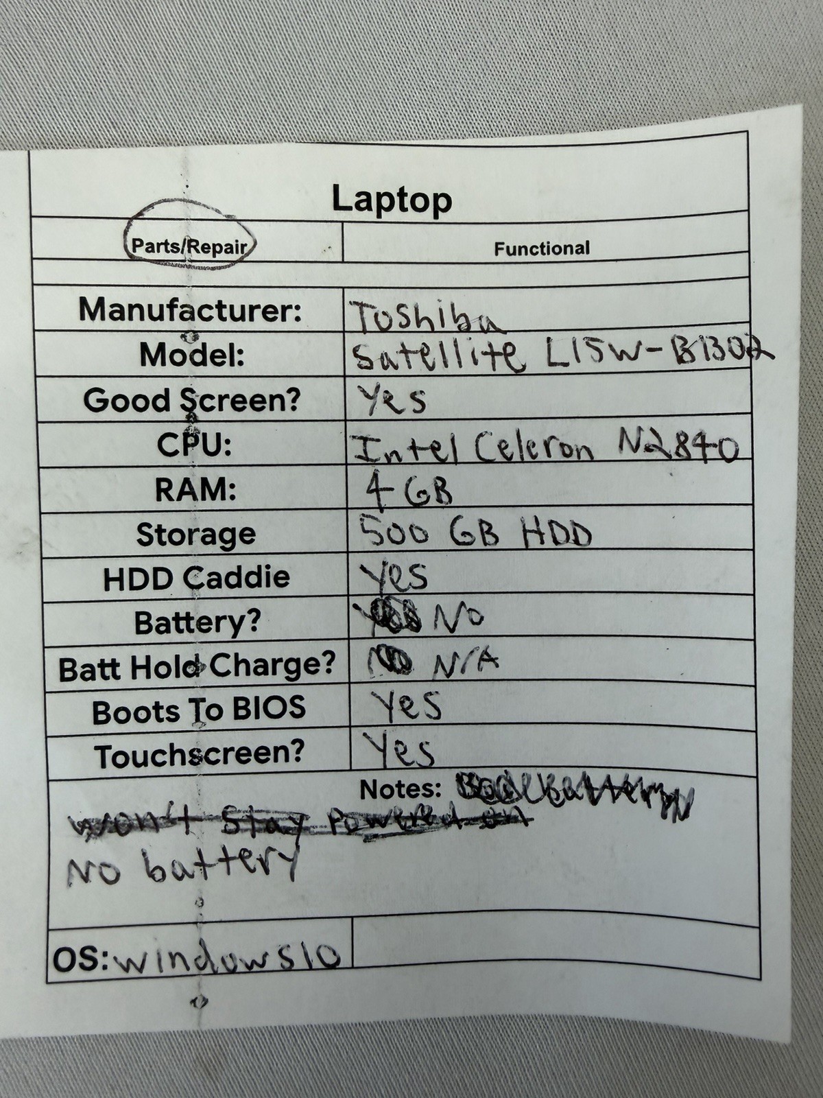 Toshiba Satellite L15W-B1302 Laptop – Good Screen – Intel Celeron N2840-Read Des
