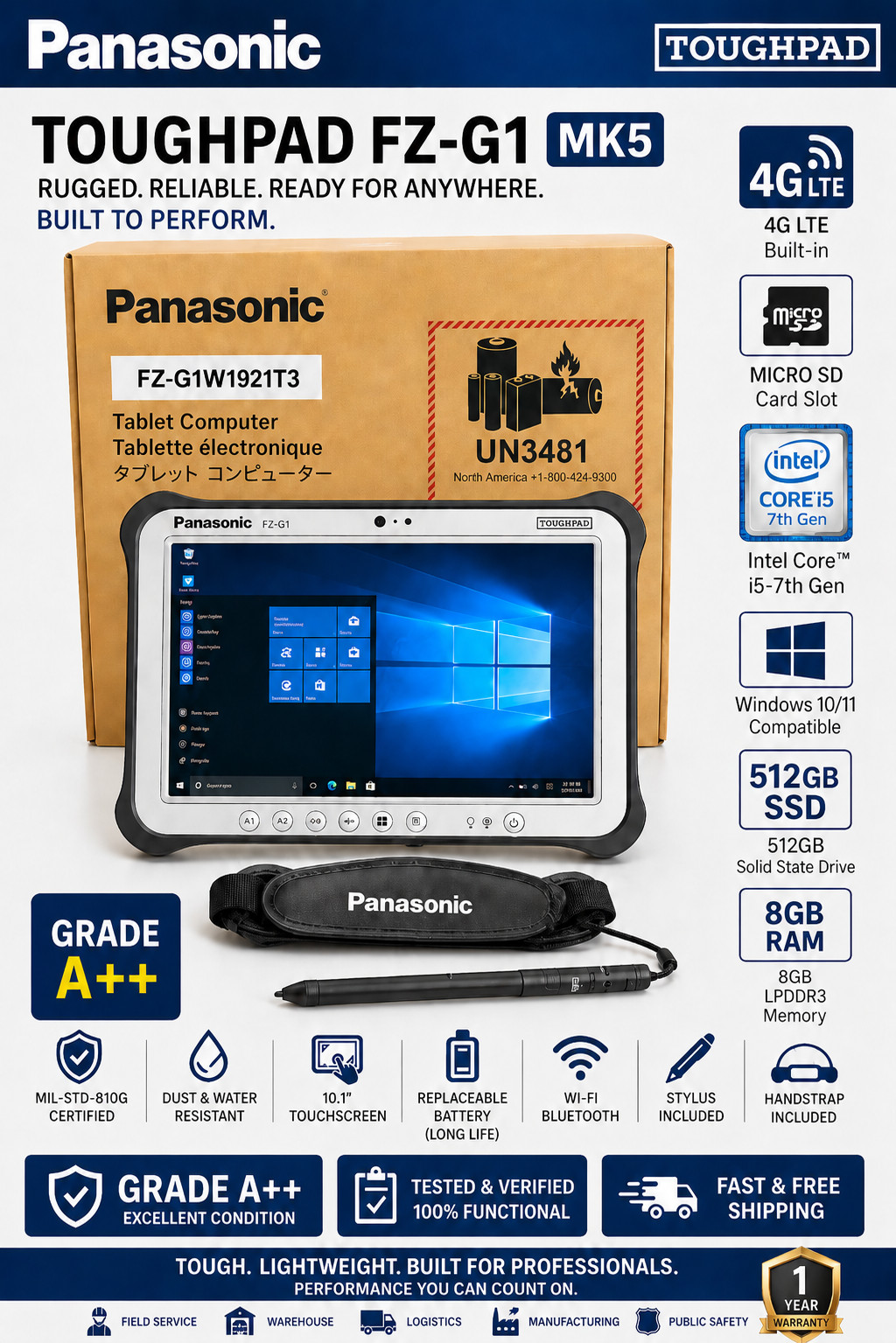 PANASONIC FZ-G1 MK5 10.1″ WUXGA i5-7300U 512GB SSD 8GB 4G LTE MICRO SD READER