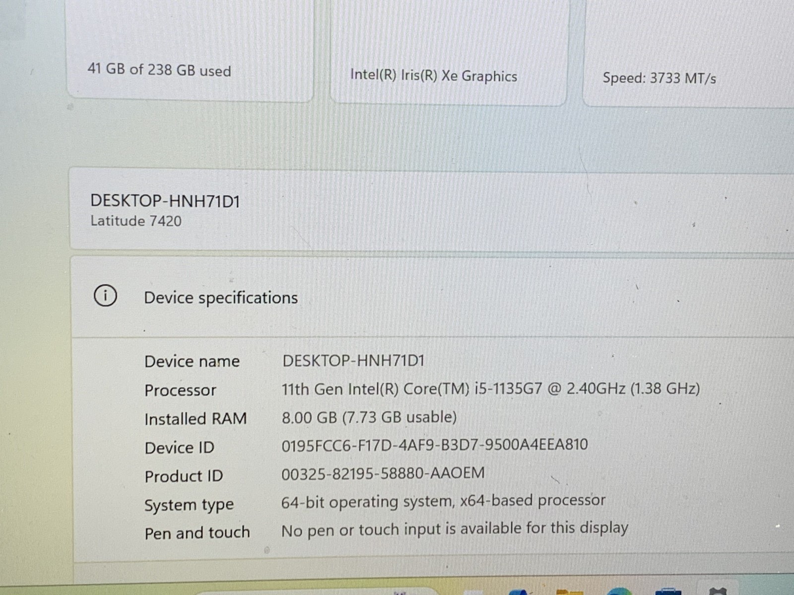 DELL LATITUDE 7420 i5-1135G7@2.40GHz 8GB RAM 256GB NVMe W11P TOUCH W/AC *QTY