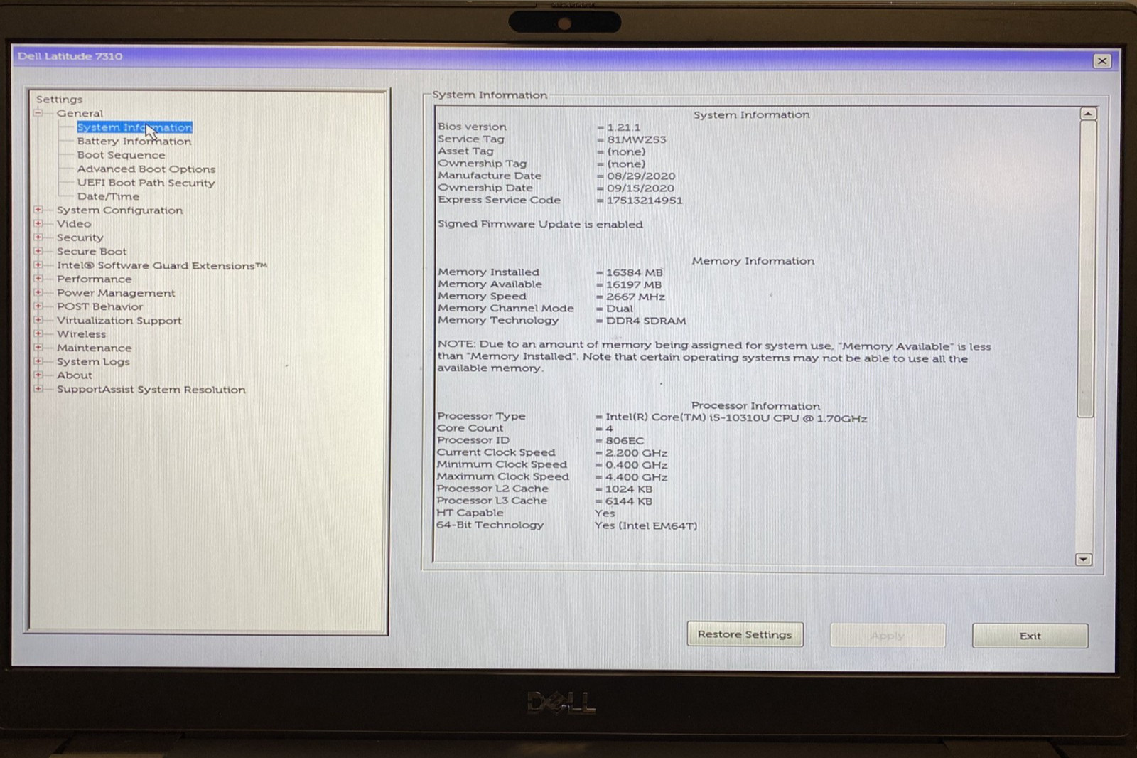 Dell Latitude 7310 Laptop i5-10310U 16GB RAM NO SSD Boots to Bios