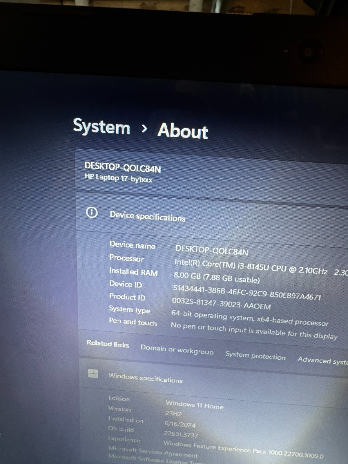 HP 17-by1061st Core I3-8145U 256GB SSD 8GB RAM WIFI/BT Laptop # 6120