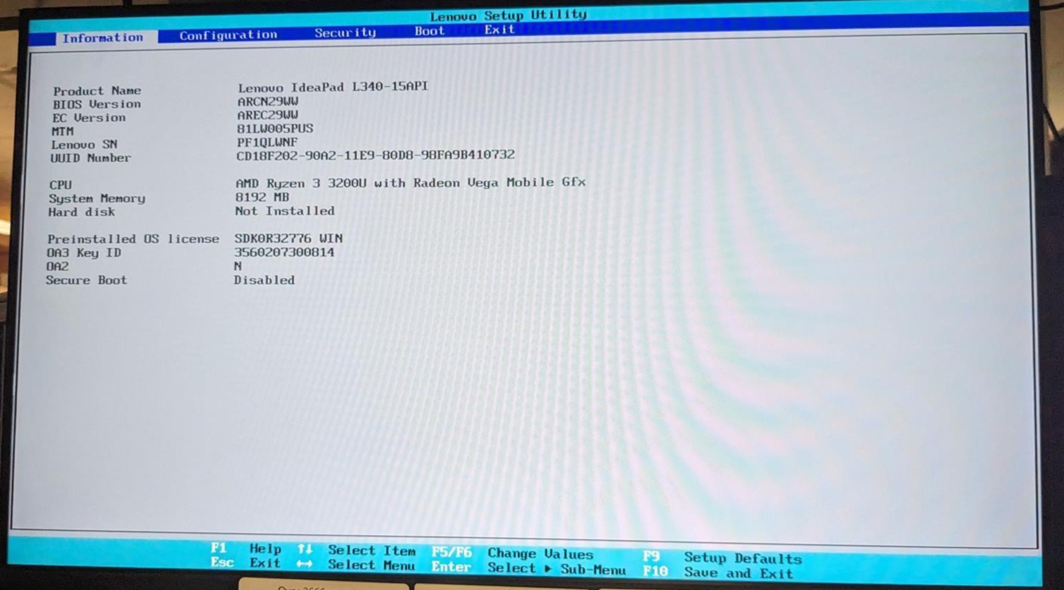 LENOVO IDEAPAD L340-15API AMD RYZEN 3 3200U @ 2.6GHz, 8GB RAM, NO HDD/OS-(PARTS)