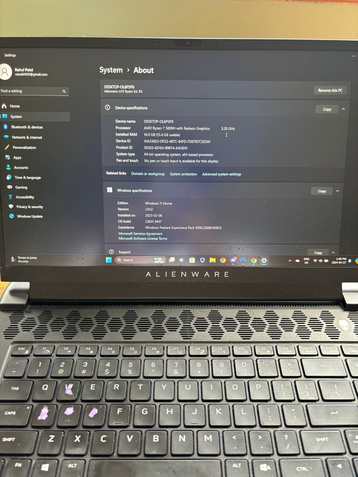 Dell Alienware m15 R5 Gaming laptop, Ryzen 7 5800H, RTX 3060,16GB DDR4,500GB SSD