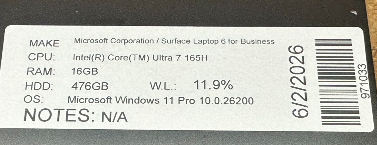 MICROSOFT SURFACE 6 LAPTOP CORE ULTRA 7 165H @3.80GHZ 16GB RAM 512GB SSD (lp715)