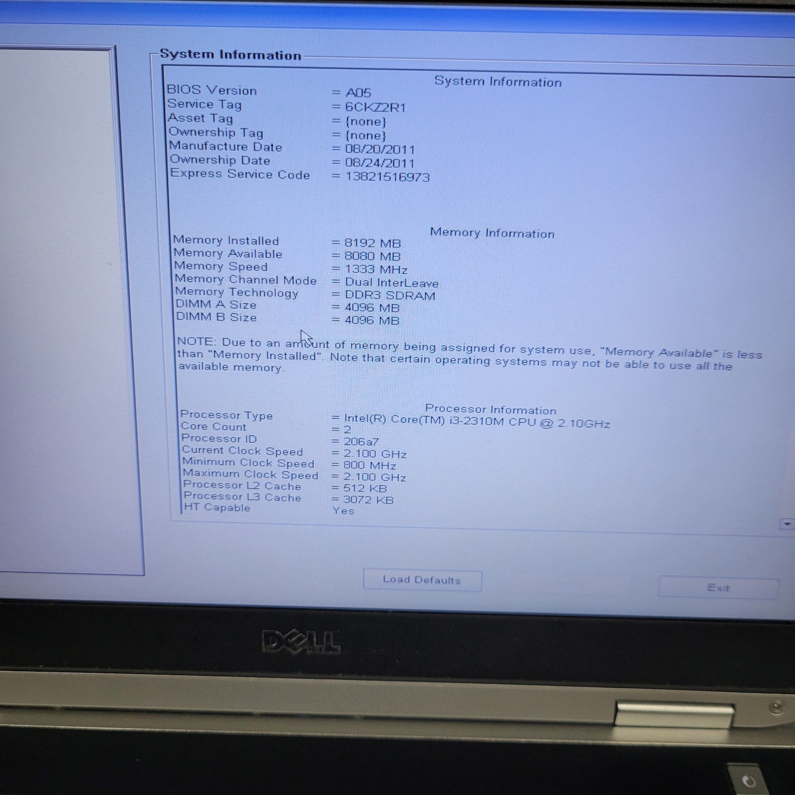 Dell Latitude E6420, Intel Core i3-2310m @ 2.10 GHz 8 GB RAM NO HDD OR HDD TRAY