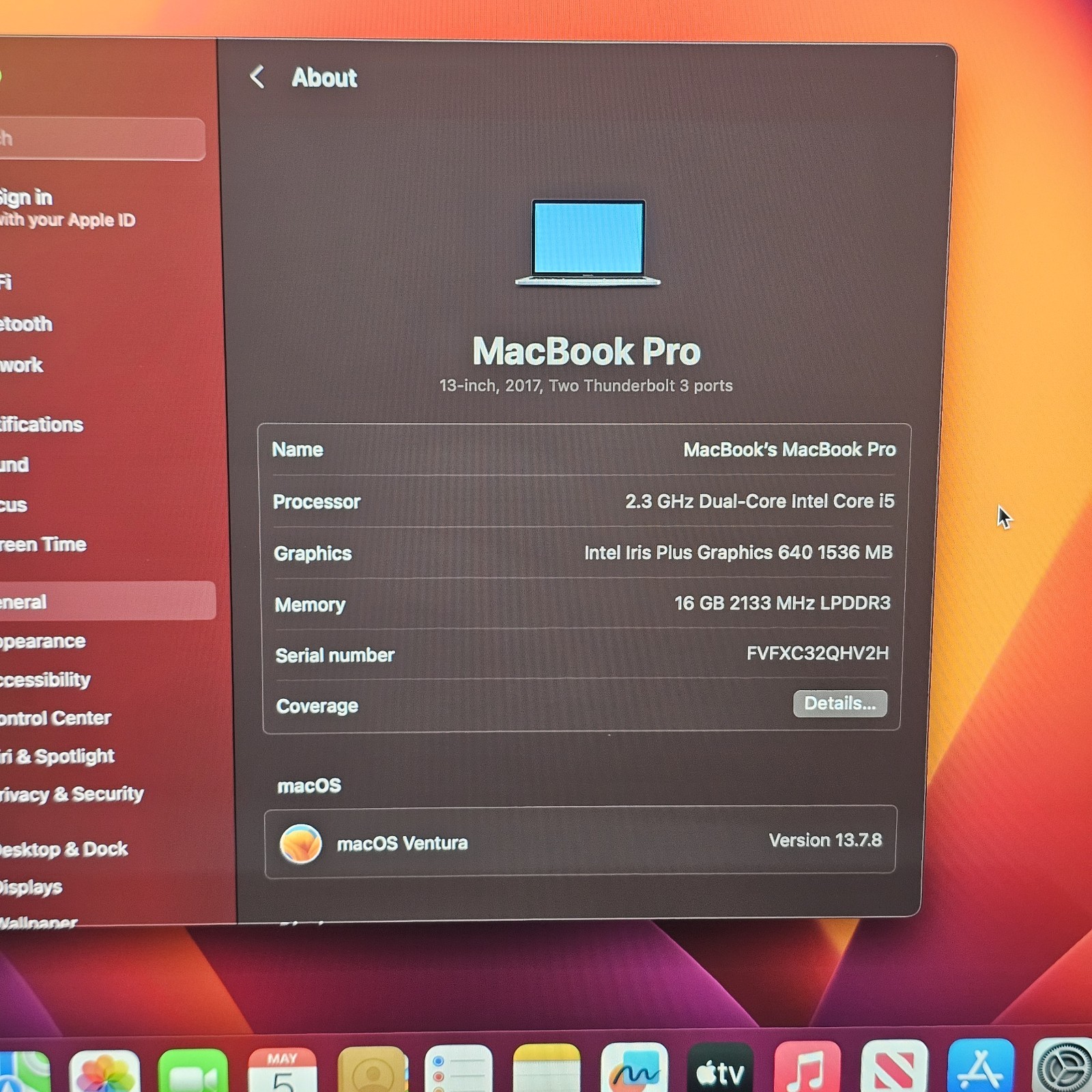 Apple MacBook Pro 13″ 2017 i5 2.3GHz 16GB RAM 256GB SSD Space Gray A1708 Ventura