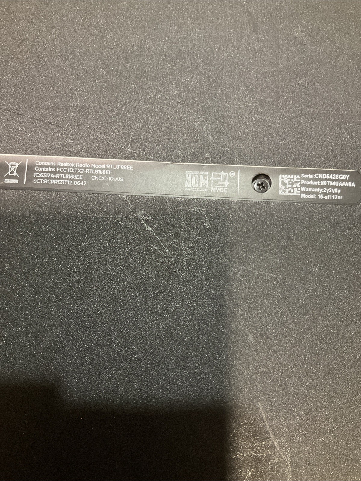 Hp Laptop Model 15-af112nr Serial:CND6428G0Y