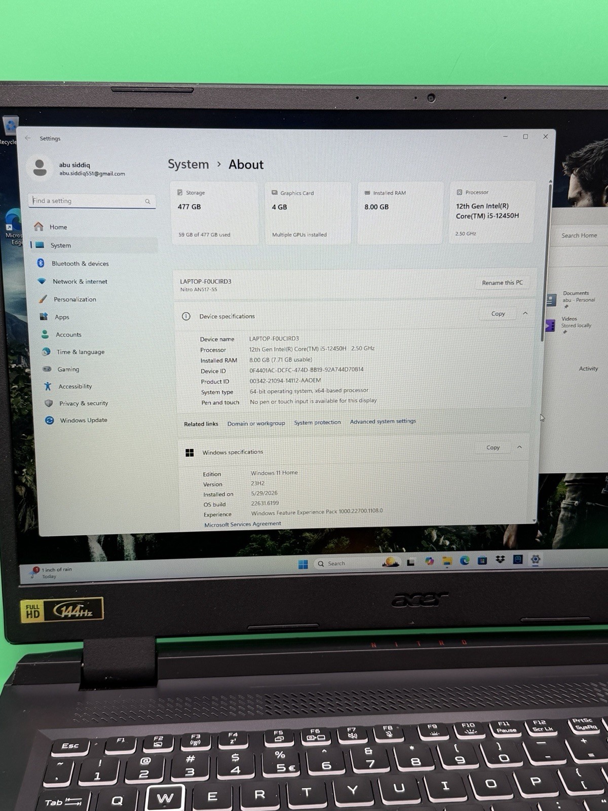 Acer Nitro 5 (144HZ, Core i5-12500H, RTX 3050, 8GB RAM, 512gb SSD )
