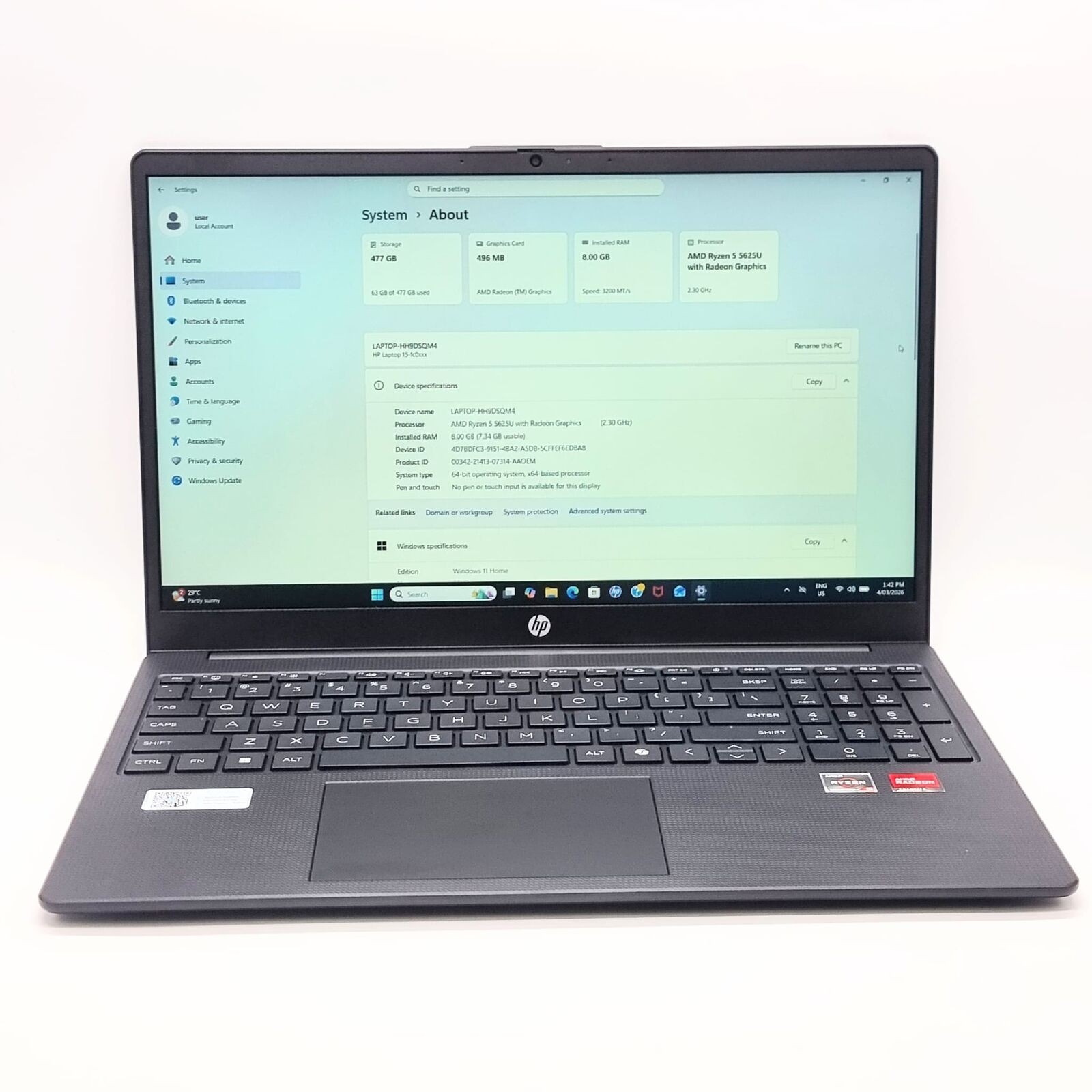 HP 15-FC433AU 15.6 Inch Laptop Ryzen 5 5625U 8GB RAM 512GB SSD Win 11