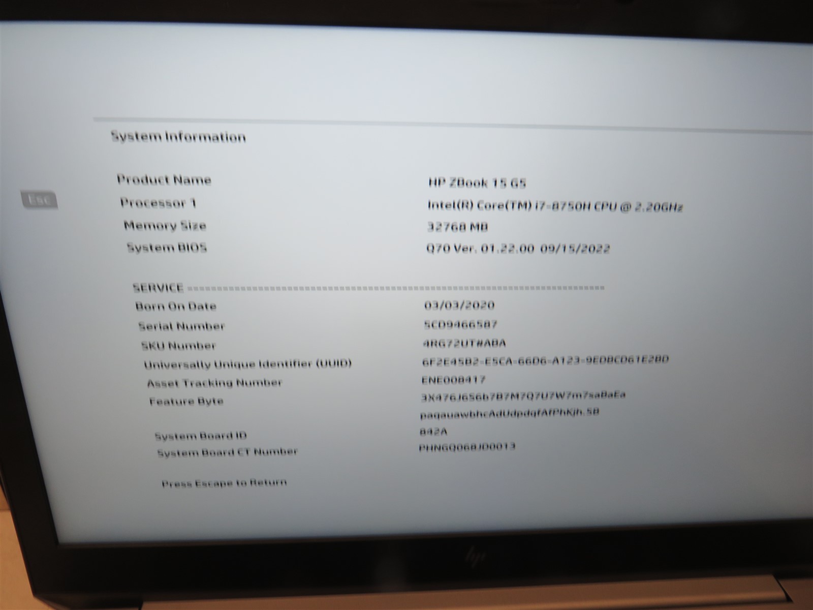 HP Zbook 15 G5 Laptop Intel Core i7-8750H@2.2GHz 32GB RAM **BIOS LOCKED**