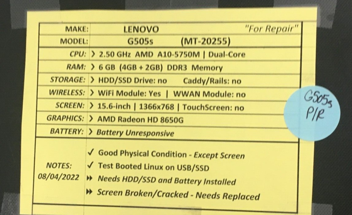 Lenovo G50s AMD A10-575M 2.50GHz 6GB For Parts/Repair Used